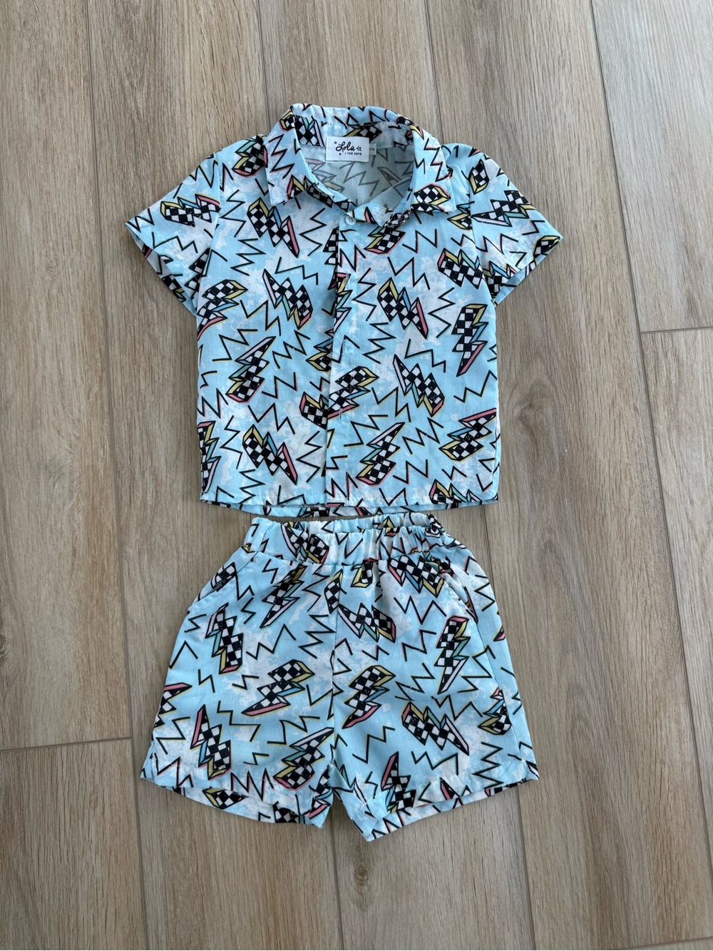 Lola + The Boys Light Blue Geometric Short Sleeve Shirt